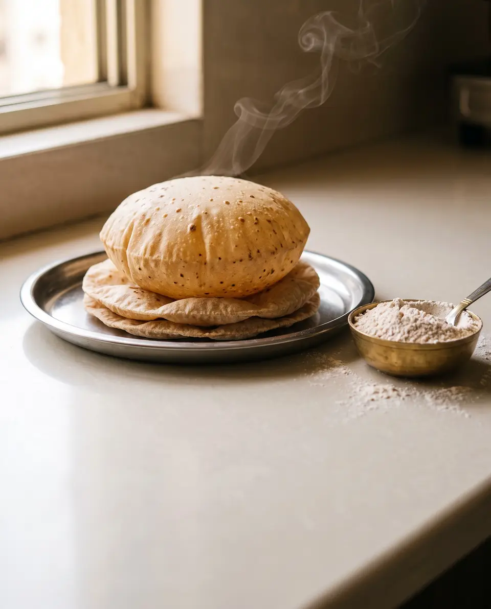 A puffed roti on a stack of rotis on a steel plate, with a bowl of fresh atta beside it
