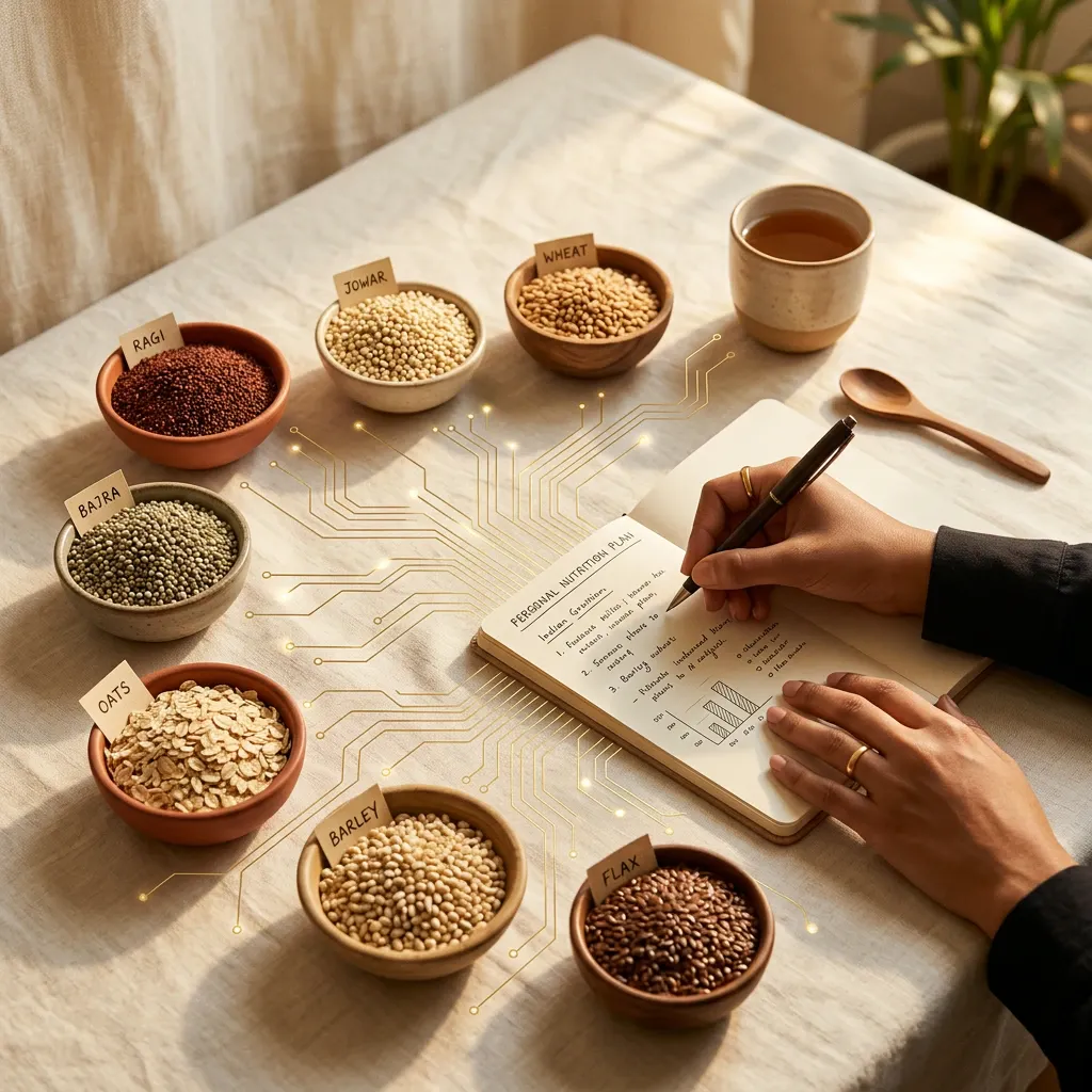 Labelled bowls of grains linked to a handwritten nutrition plan β Graine's blend-design method